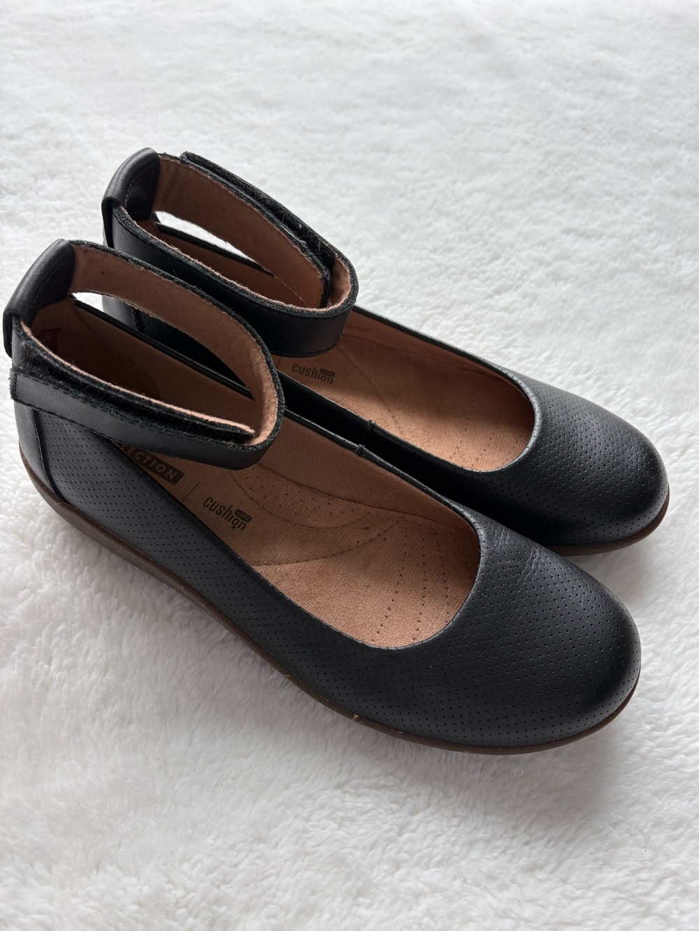 Clarks Medora Nina Black Perforated Ankle-Strap Ballet Flats